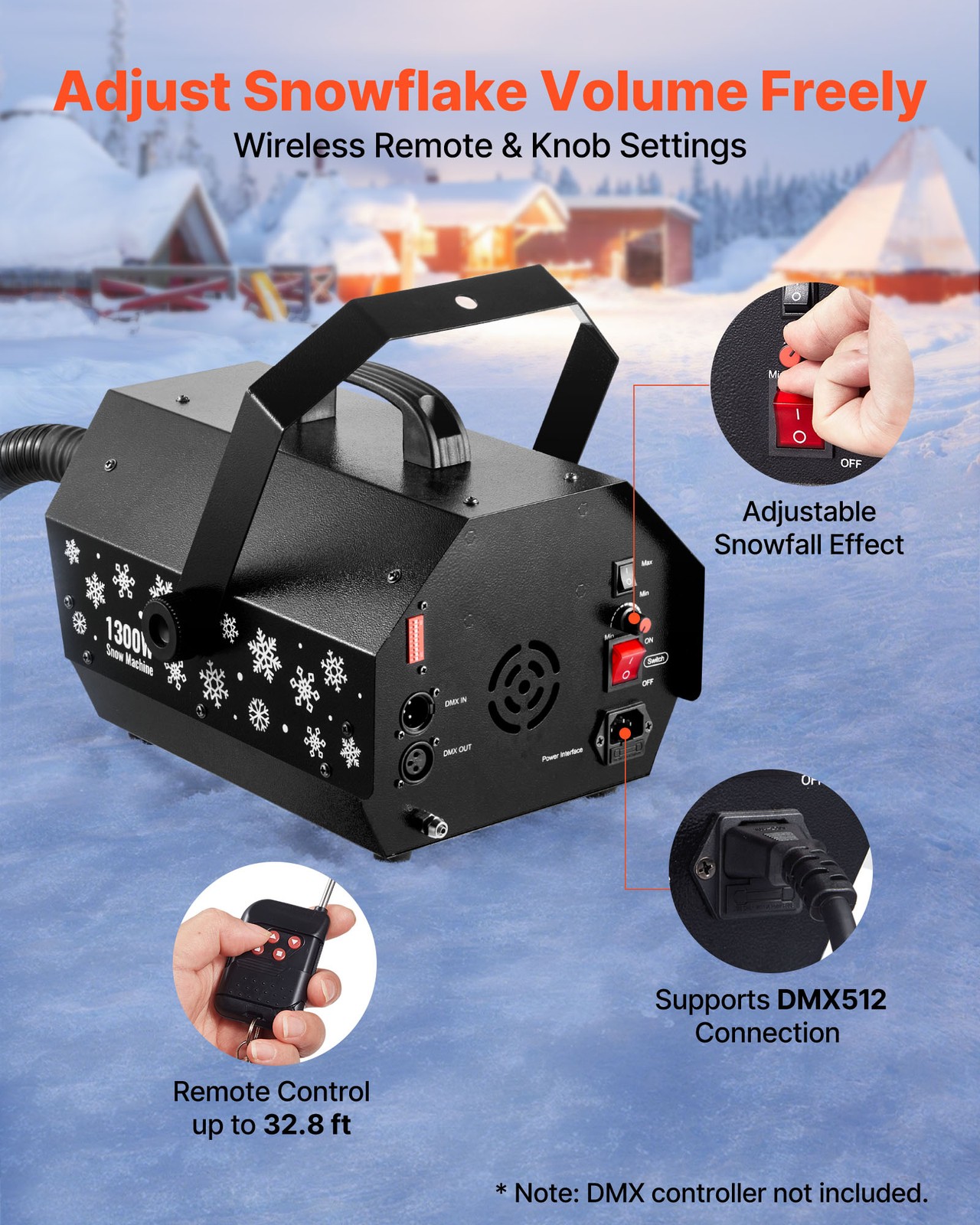 VEVOR Snow Machine 1300W Wireless Remote Control Handheld Hanging Snow Maker