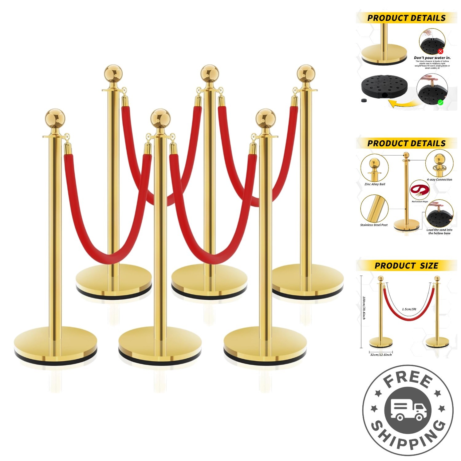 Versatile 6PCS Crowd Control Stanchions with Fillable Base and Red Velvet Ropes