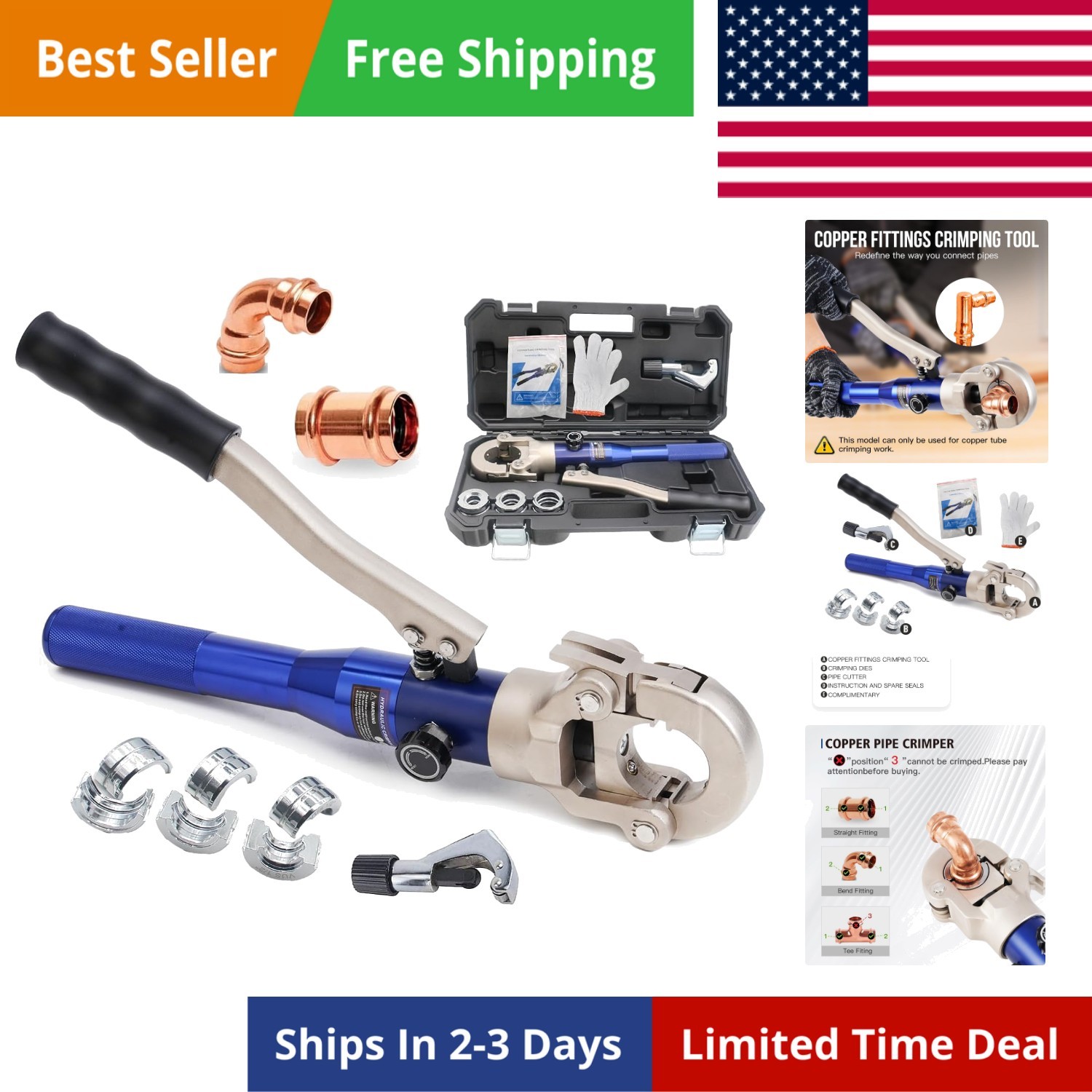 Hydraulic Copper Tube Fittings Crimping Tool with 1/2,3/4 and 1-inch Jaw for ...