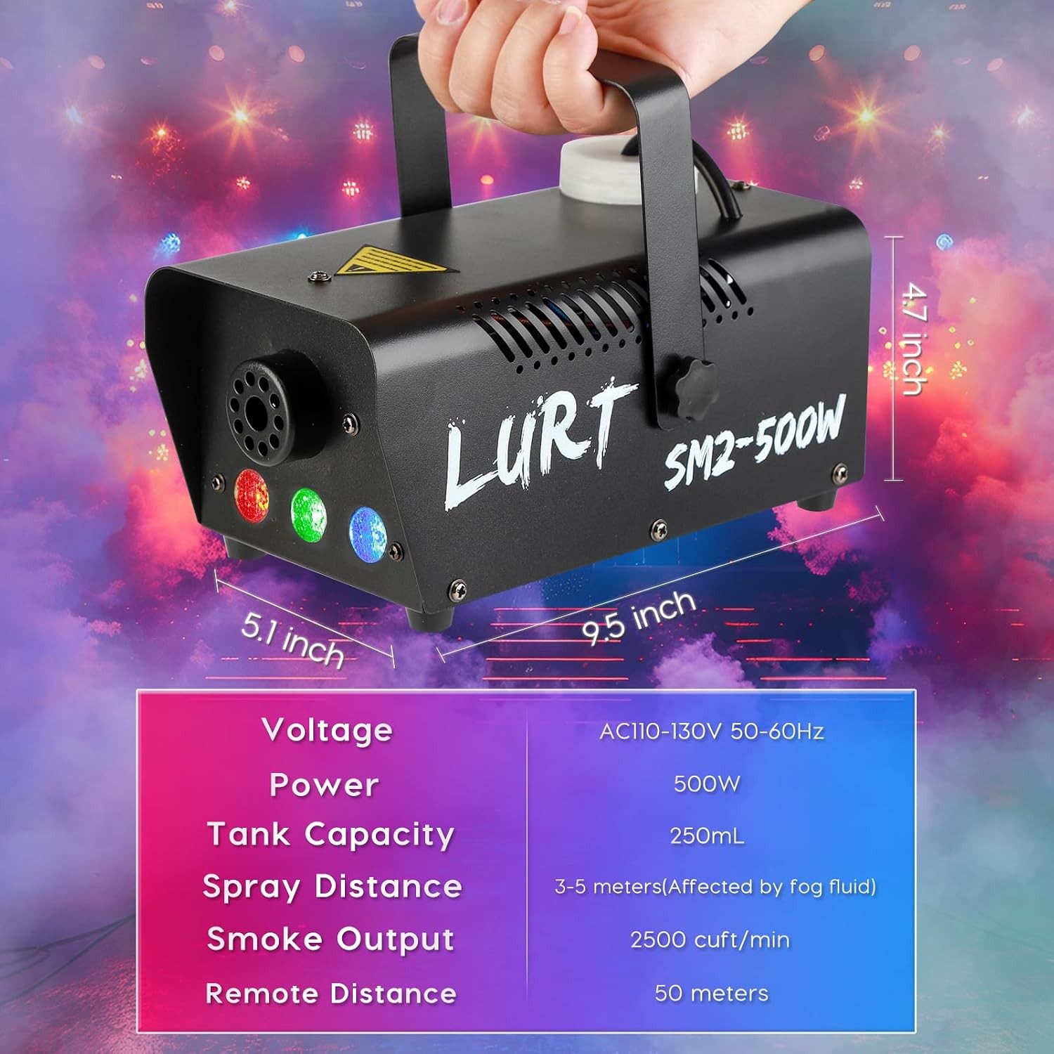 500W Fog Machine Mini Auto Smoke LED Lights Wireless Remote Control | 2500CFM Sm