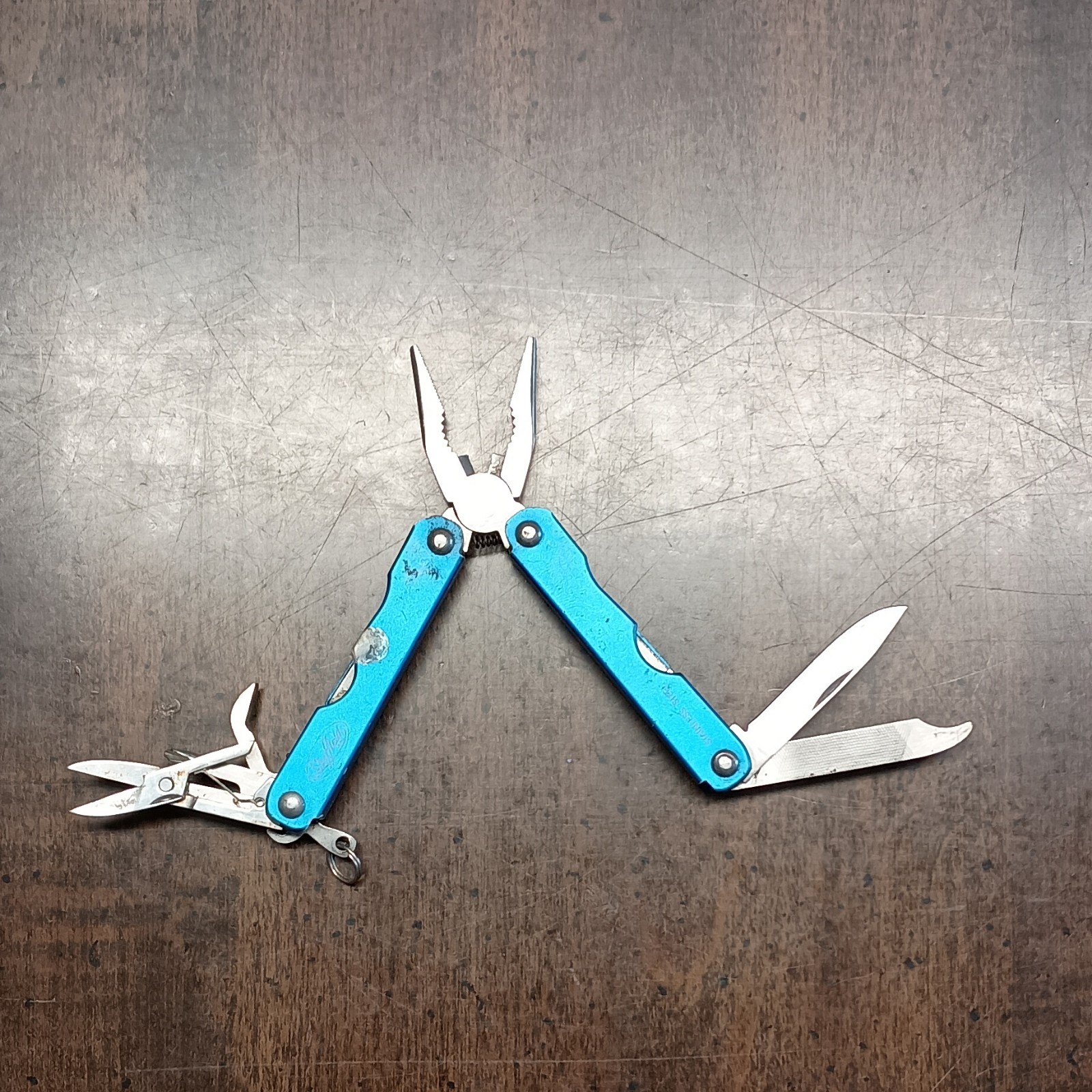 Sheffield Blue Keychain Multi-Tool Pliers Knife Scissors File, SS Blade
