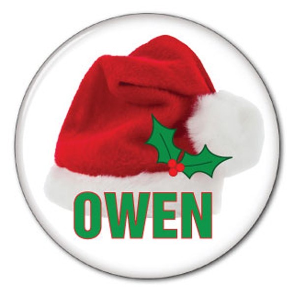 CHRISTMAS SANTA HAT BUTTON PERSONALIZED STOCKINGS OR GIFTS PIN BACK  3"