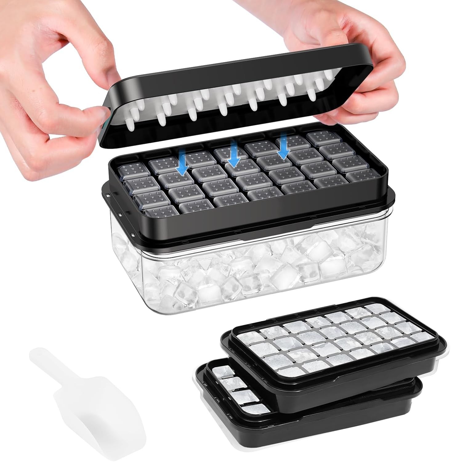 New PHINOX Ice Cube Tray with Lid and Bin,  Black 2 Tiers Ice Trays for Freezer
