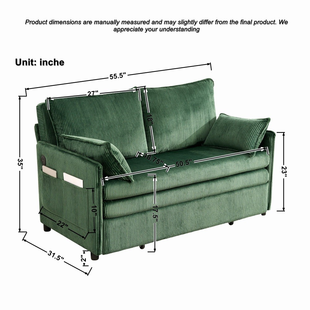 55" Convertible Sofa Bed w/ USB Ports, Corduroy Upholstery, Green