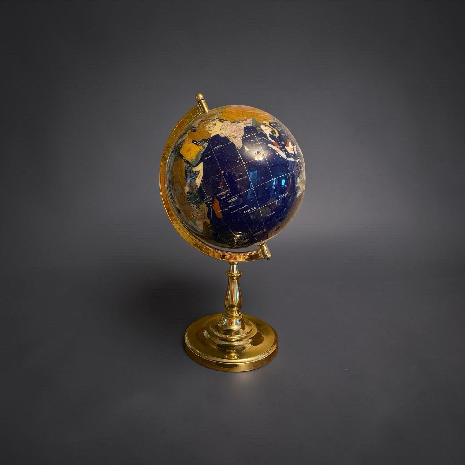 Large 24" Blue Lapis Gemstone World Globe on Polished Brass Stand