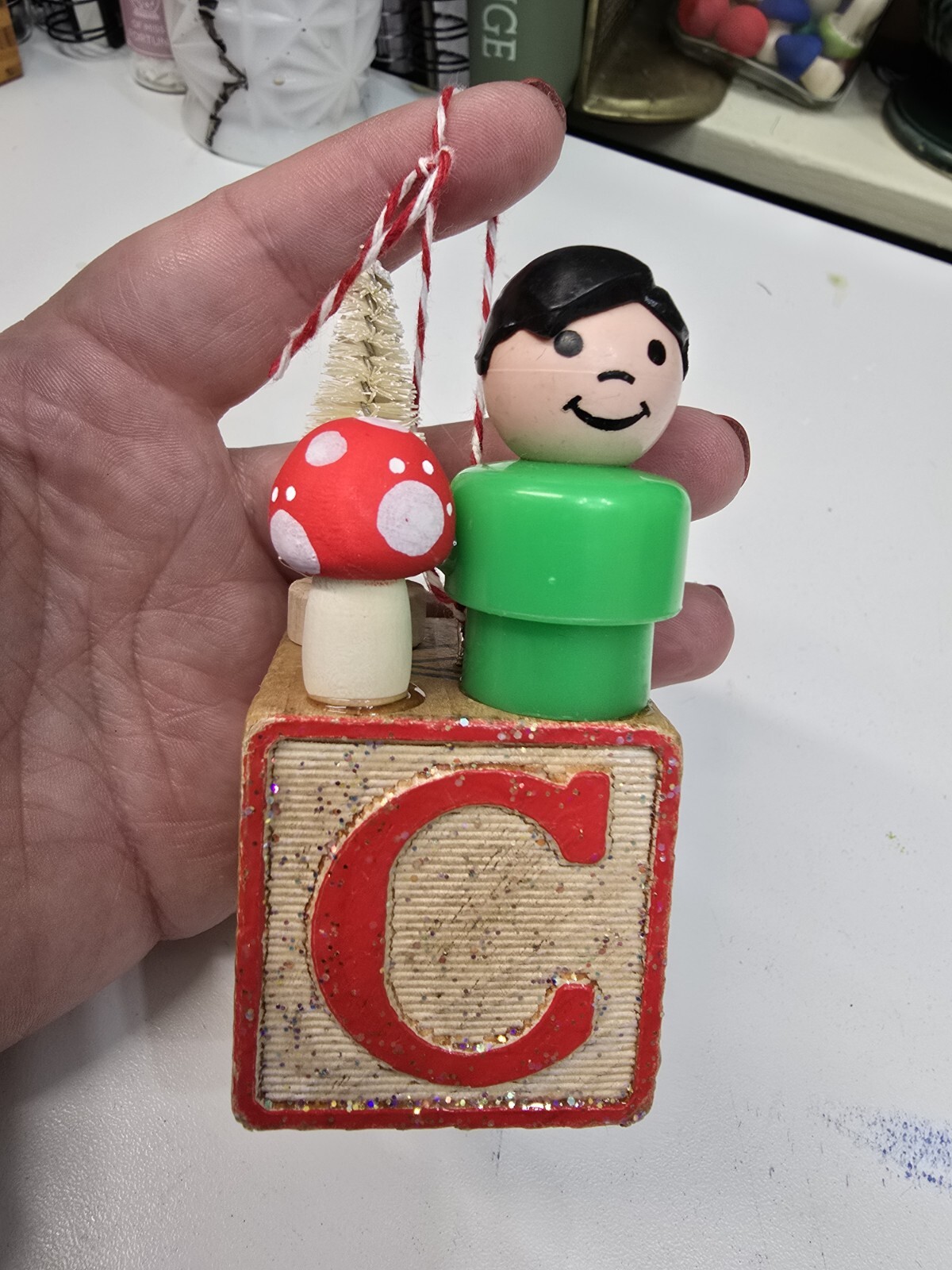 Vintage building block  Fisher Price Little People Christmas Ornament Letter C