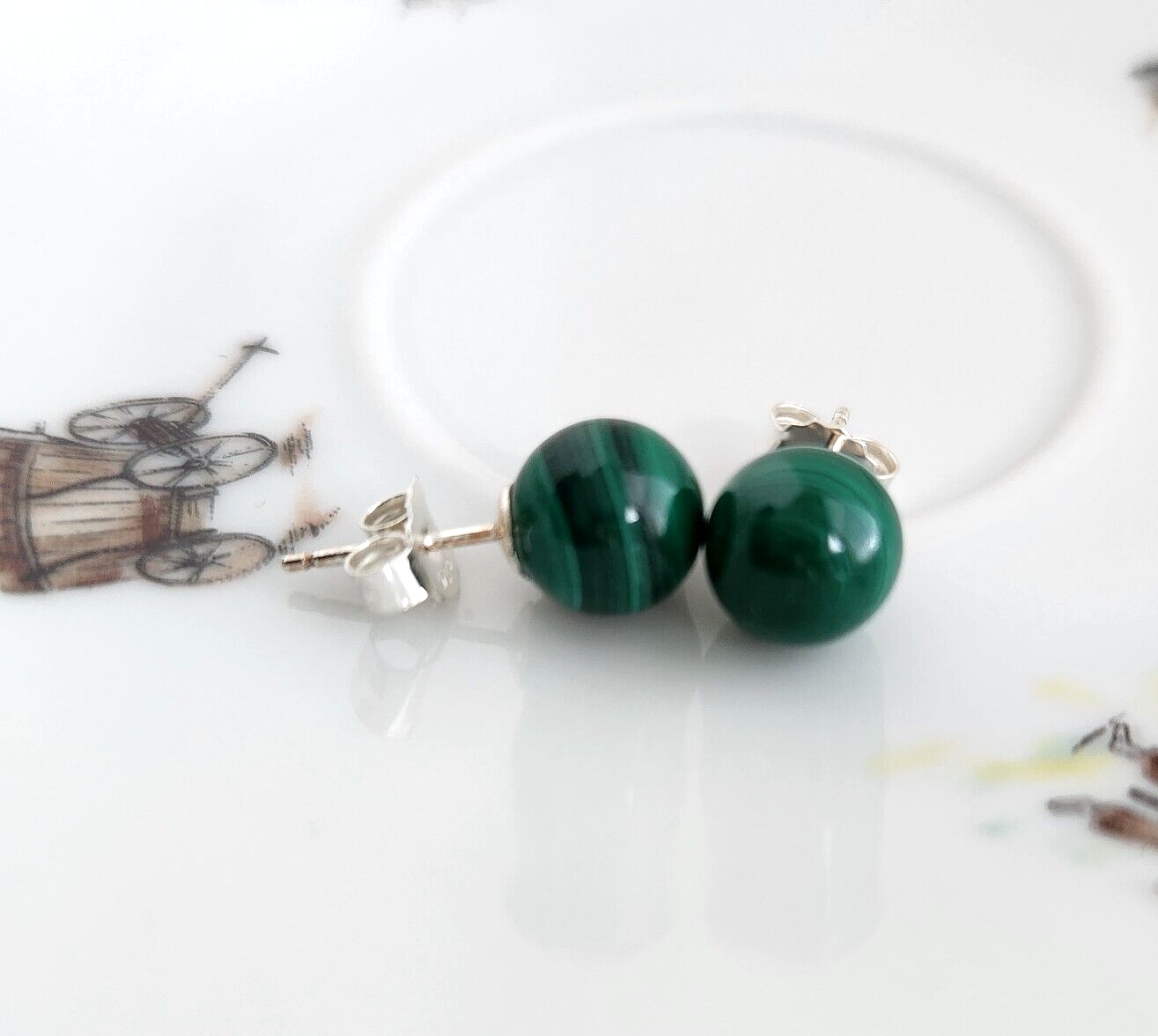 Natural Malachite 8MM Ball Stud Earrings In Solid 925 Sterling Silver