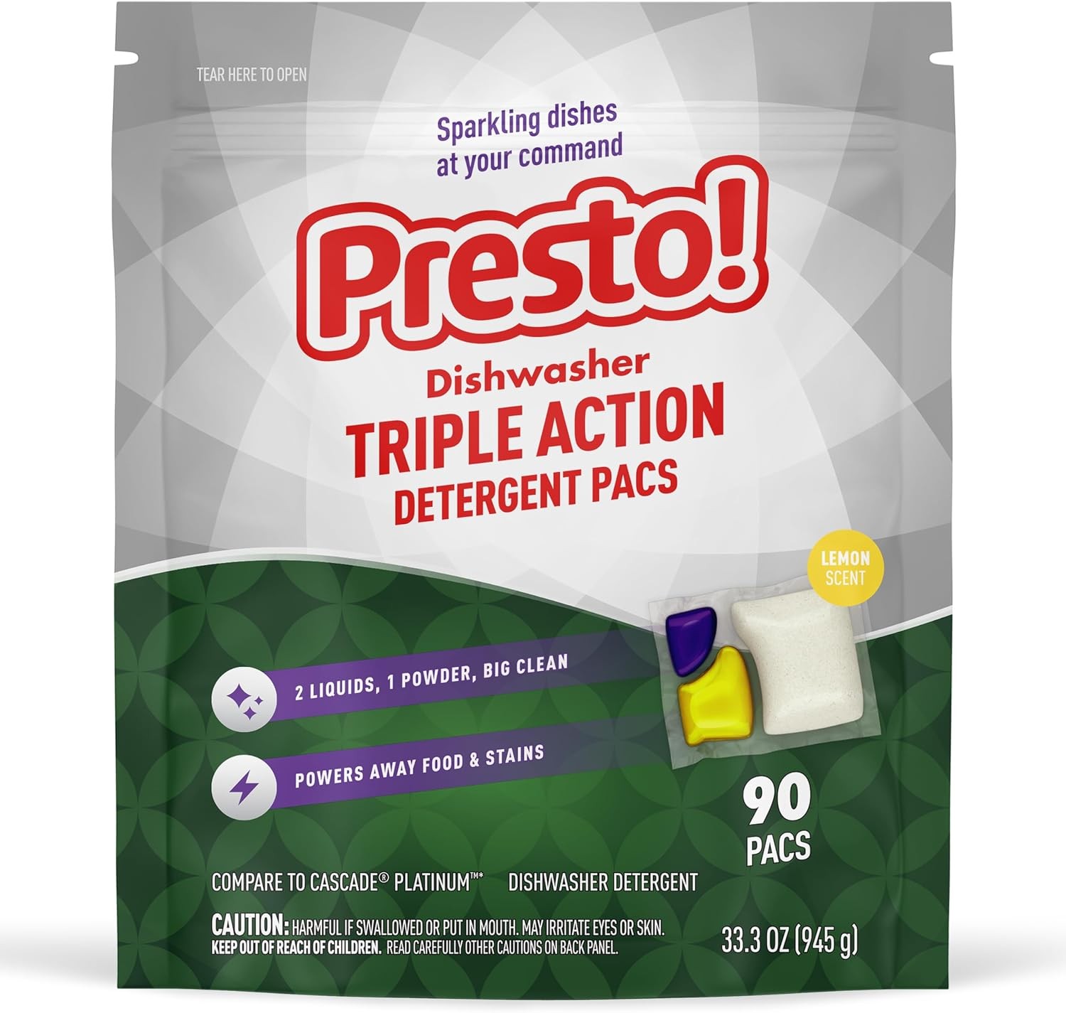 Amazon Brand -  Triple Action Dishwasher Pacs, Lemon Scent, 90 Count