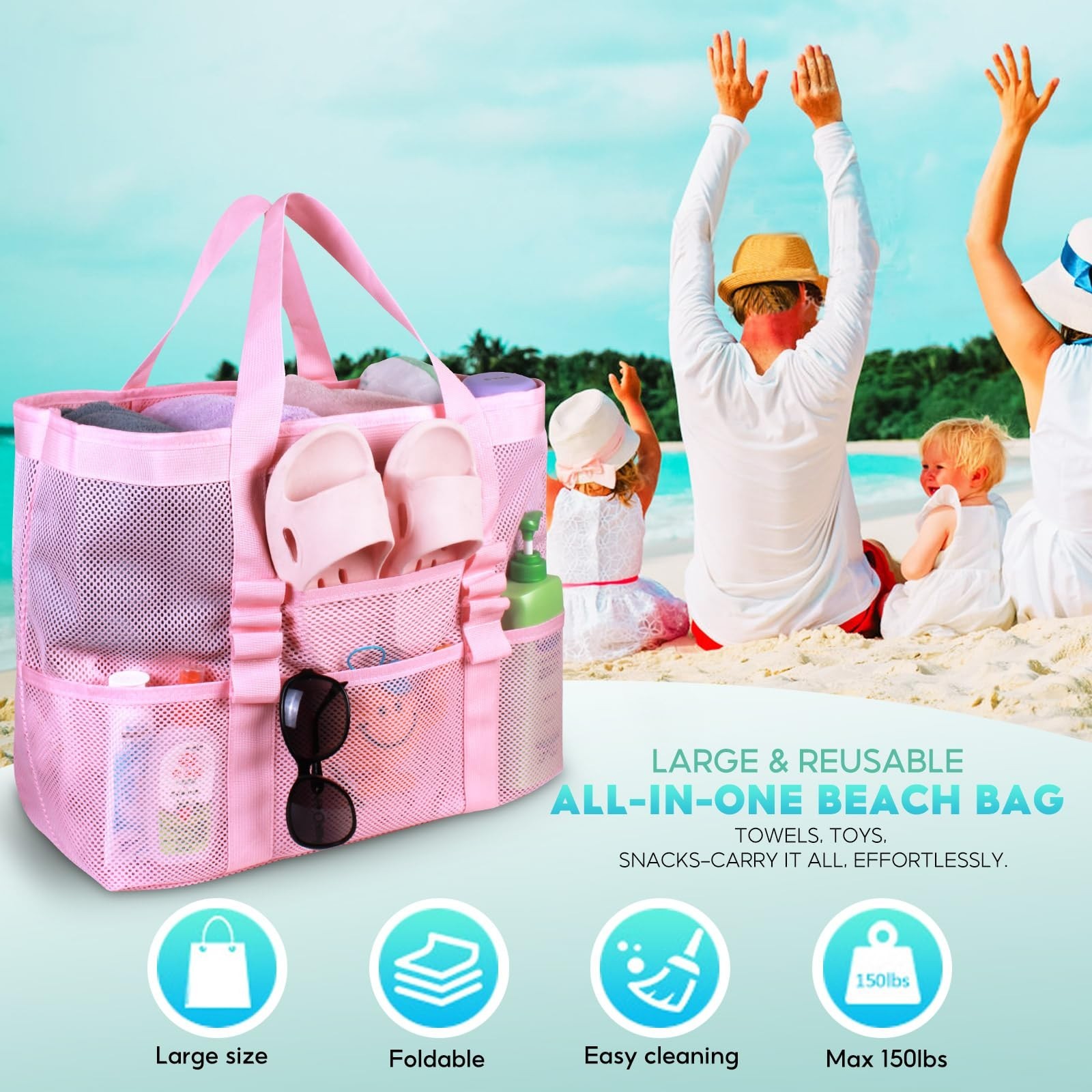 Large Mesh Beach Bag – Lightweight Beach Tote with 9 Pockets, Beach Bag fo