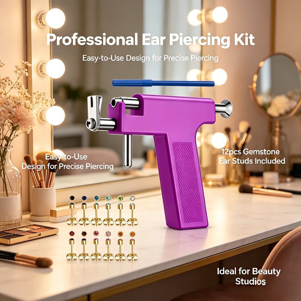 Ear Piercing Gun Kit, 12 Pairs of Gem Stud Earrings, Easy & Safe Home Use Set