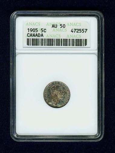CANADA EDWARD VII 1905 5 CENTS COIN ALMOST UNCIRCULATED ANACS CERTIFIED AU50