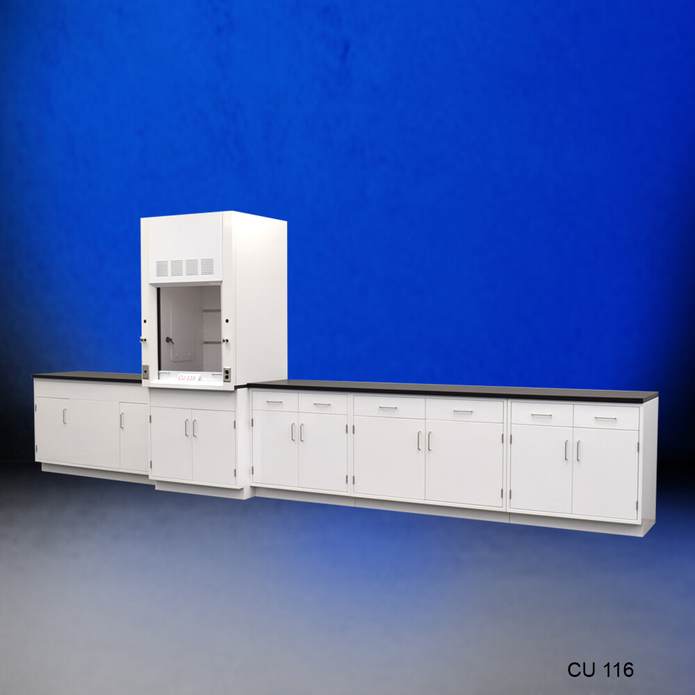 3' Fisher American Fume Hood w/ Storage &15' Laboratory Base Cabinets / E2-216