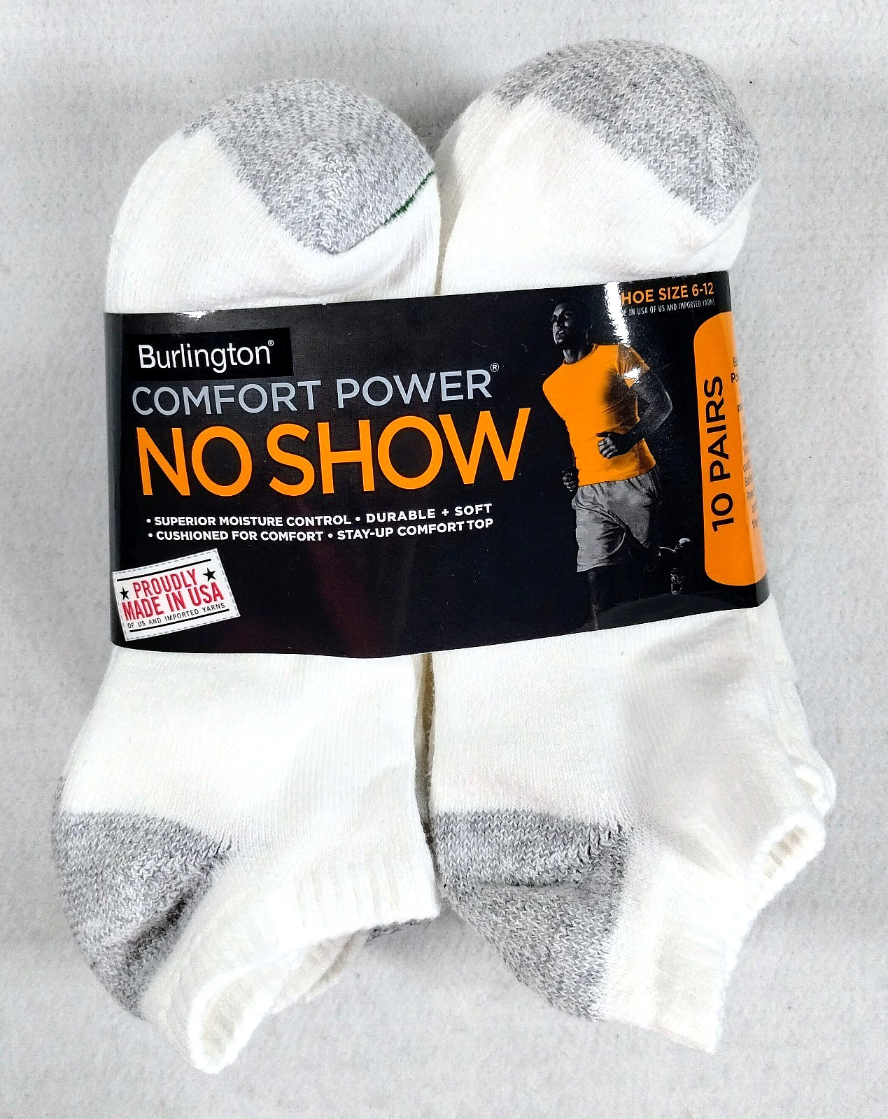 Burlington No Show White Comfort Power Men Athletic Socks 10-pk Thick 73% Cotton