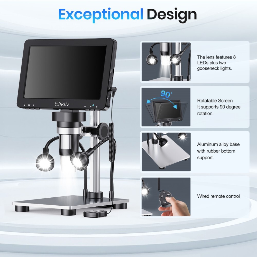 Elikliv USB Digital Microscope 1200X 7" LCD 1080P HD Camera Soldering microscope