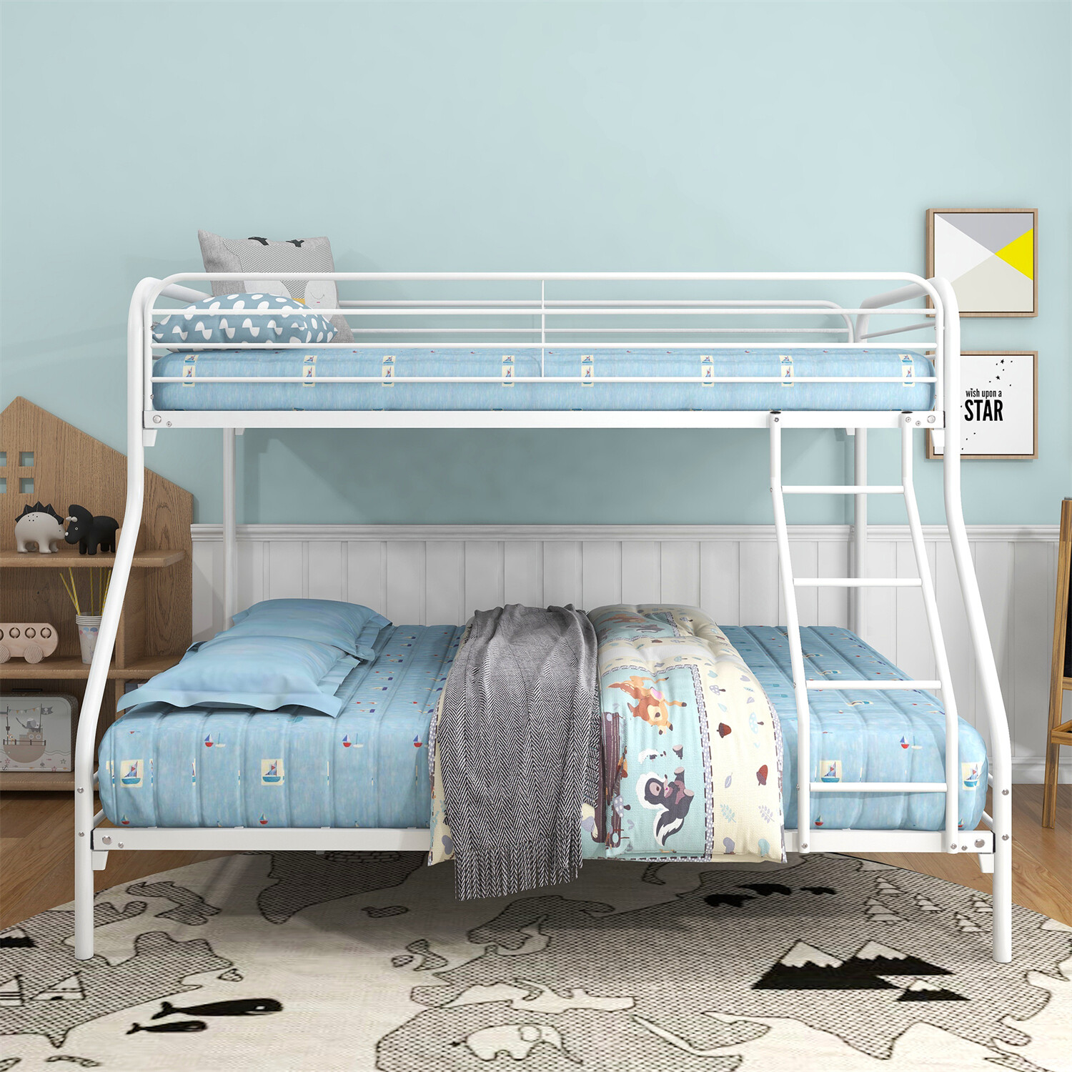 Twin Over Full Bunk Bed Heavy Duty Metal Bunk Bed Frame w/ Ladder White US