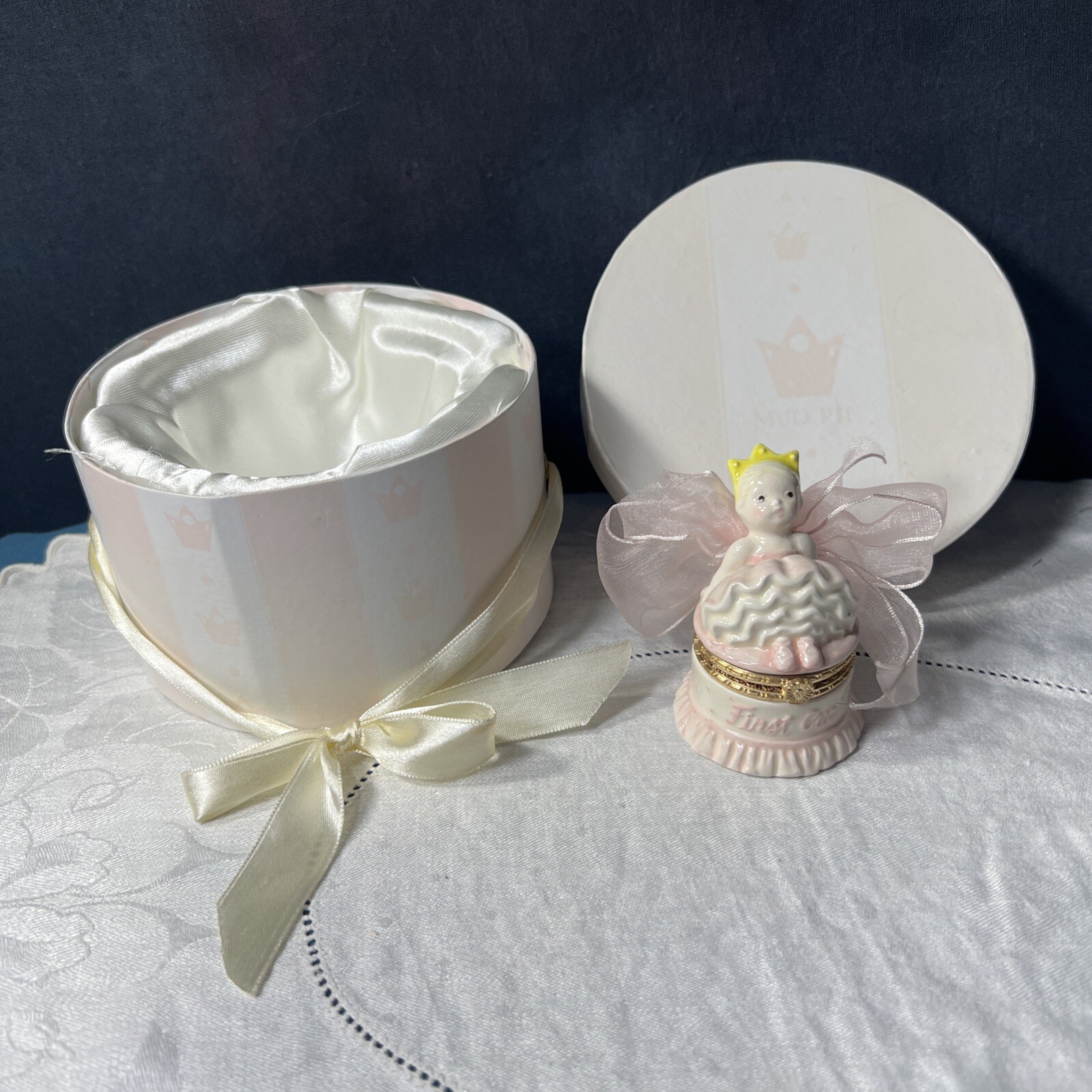 Adorable 3.5” Mudpie Princess My First Curl Porcelain Keepsake Box-LAST CHANCE