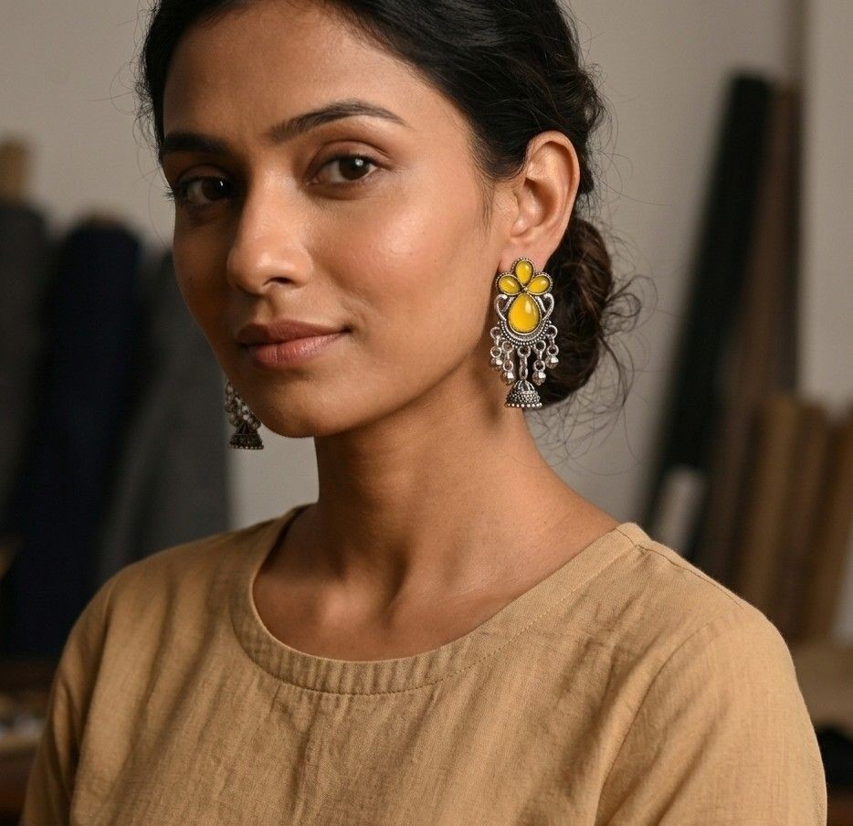 Indian Oxidized Silver Plated Jhumka Earrings Yellow Enamel Minakari Jewelry
