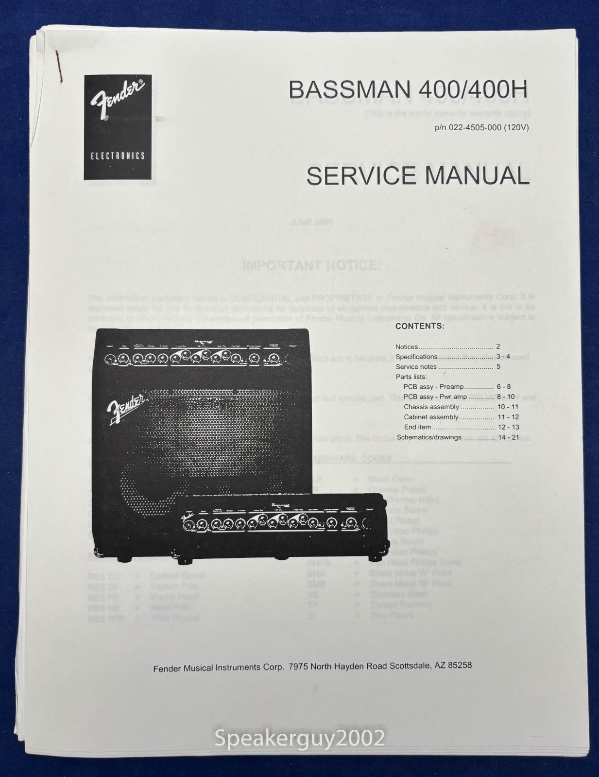 Original Fender Bassman 400 400H Service Manual -- CS1