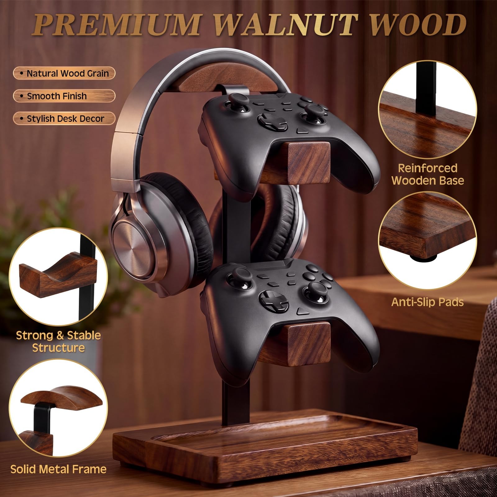 Fiwochic Headphone Stand with Controller Holder, Gaming Headset Deep Walnut