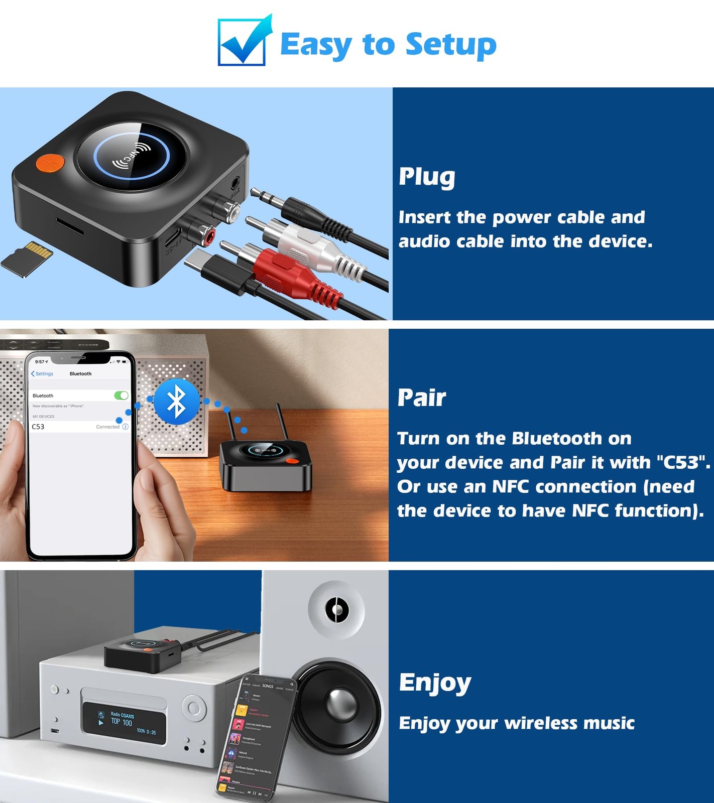 Bluetooth Receiver for Home Stereo, AUX RCA to Bluetooth Adapter | NFC Bluetooth