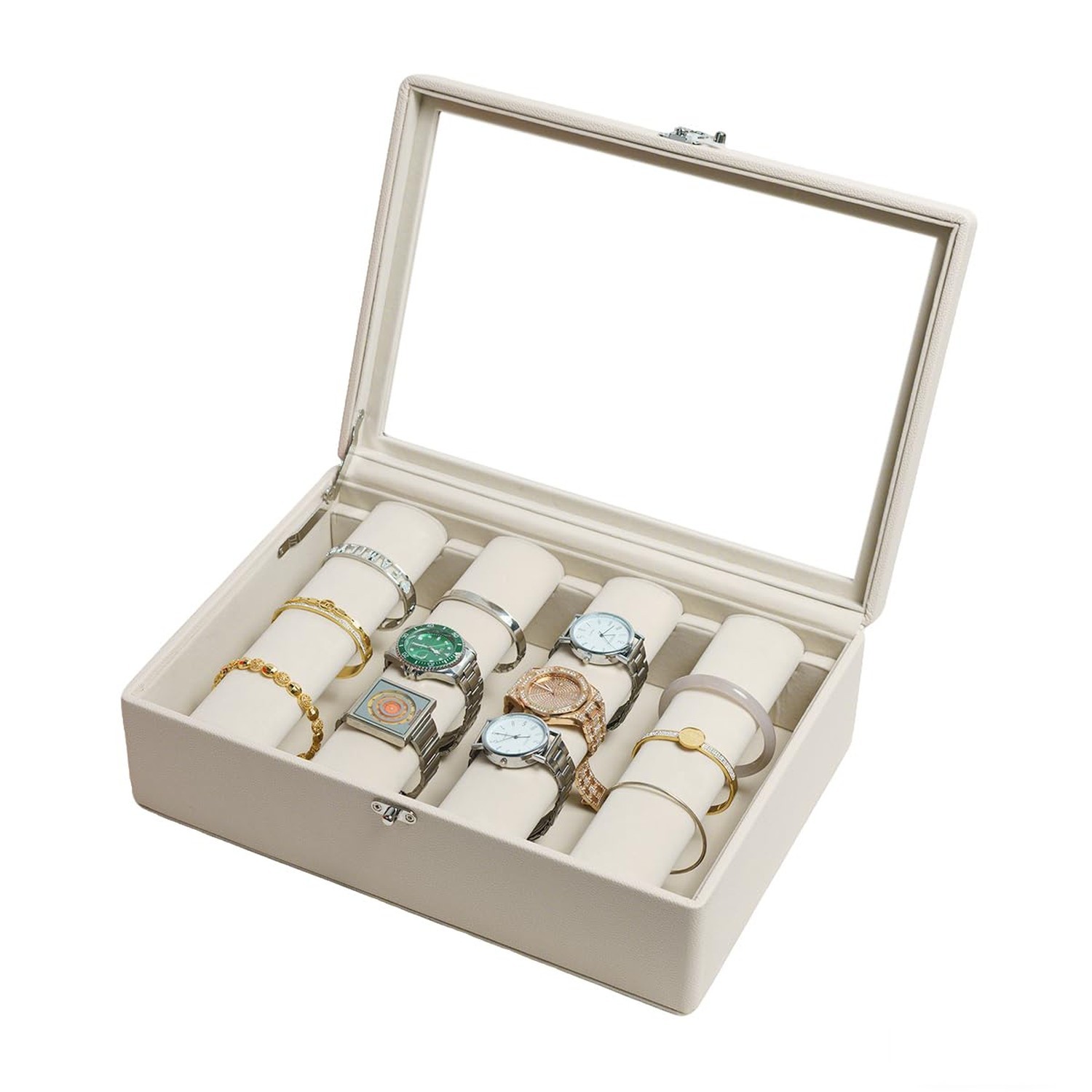 Jewelry Box Leather Bracelet Case Glass Lid with 4 Rods Beige Velvet, Bangle ...