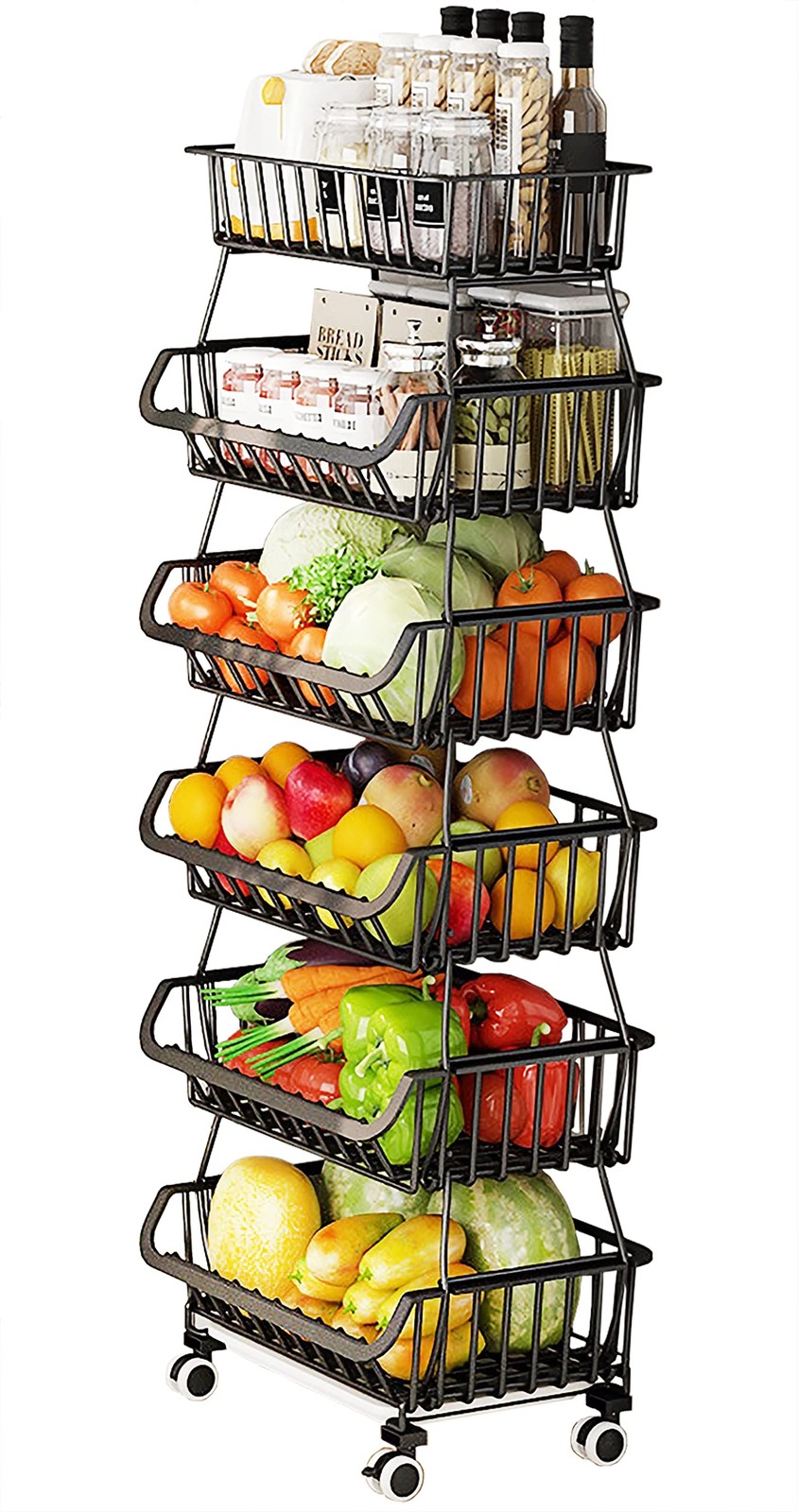 Fruit Vegetable Storage Baskets with Wheels, 6 Tier Stackable Wire Storage Ba...