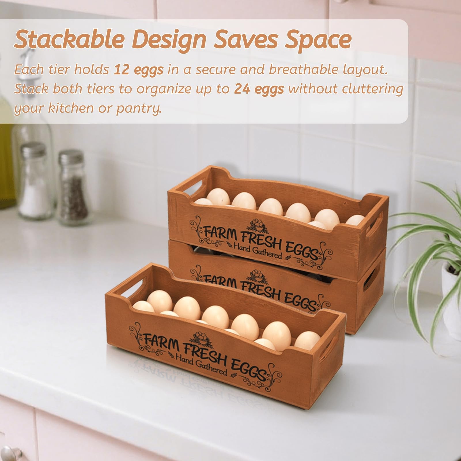 Wooden Egg Holder for Countertop, Stackable 2-Tier Egg Crates for 24 Eggs wit...