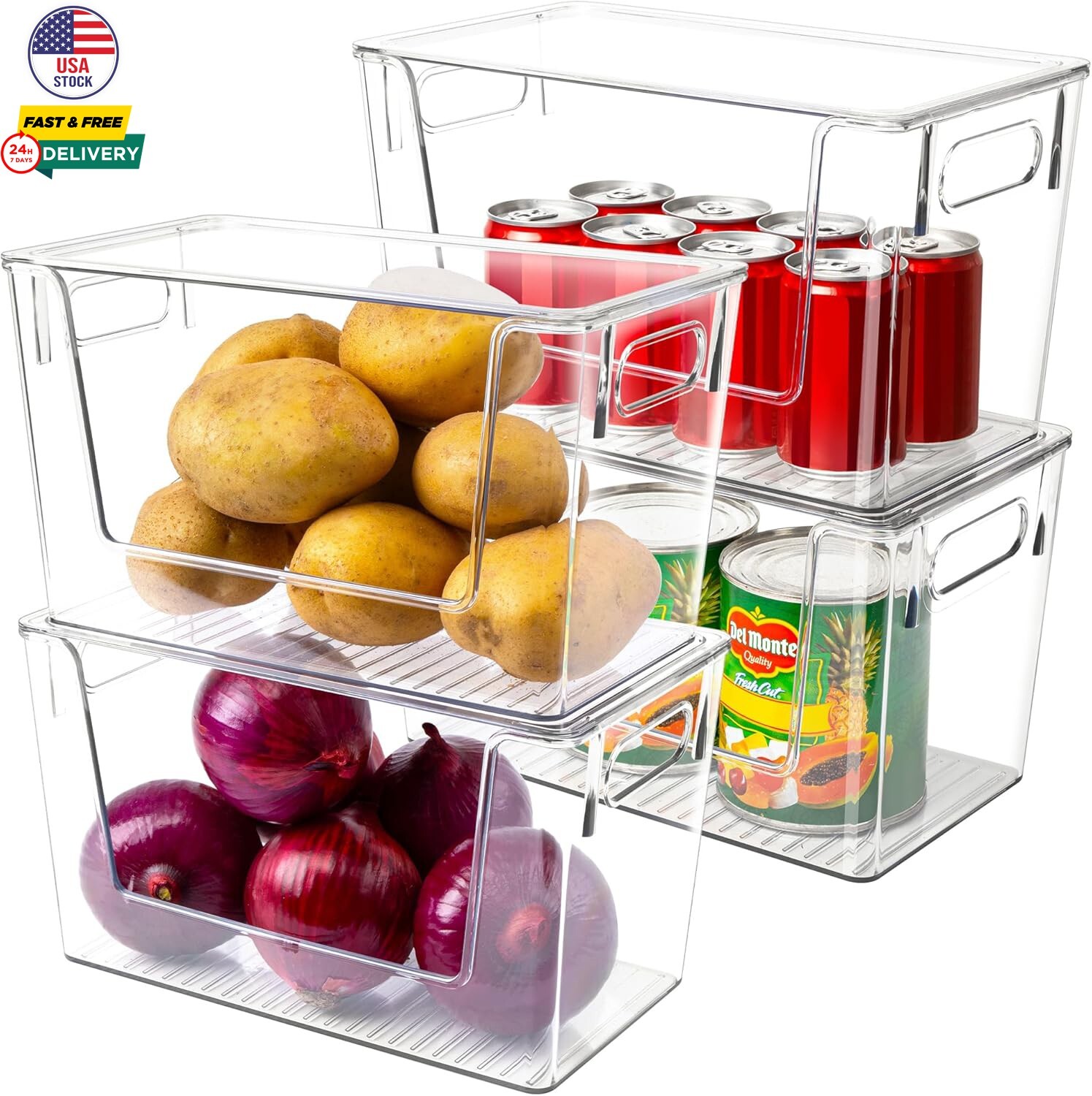 4 Pack Large Stackable Storage Bins Plastic Container Organizer Pantry Storage