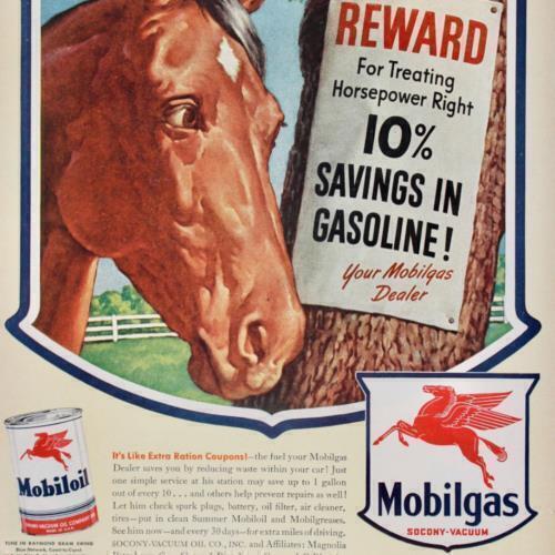 WWII RATIONING MOBIL OIL A T CARD MOTOR OIL MOBILGAS GASOLINE 1943 WAR PRINT AD