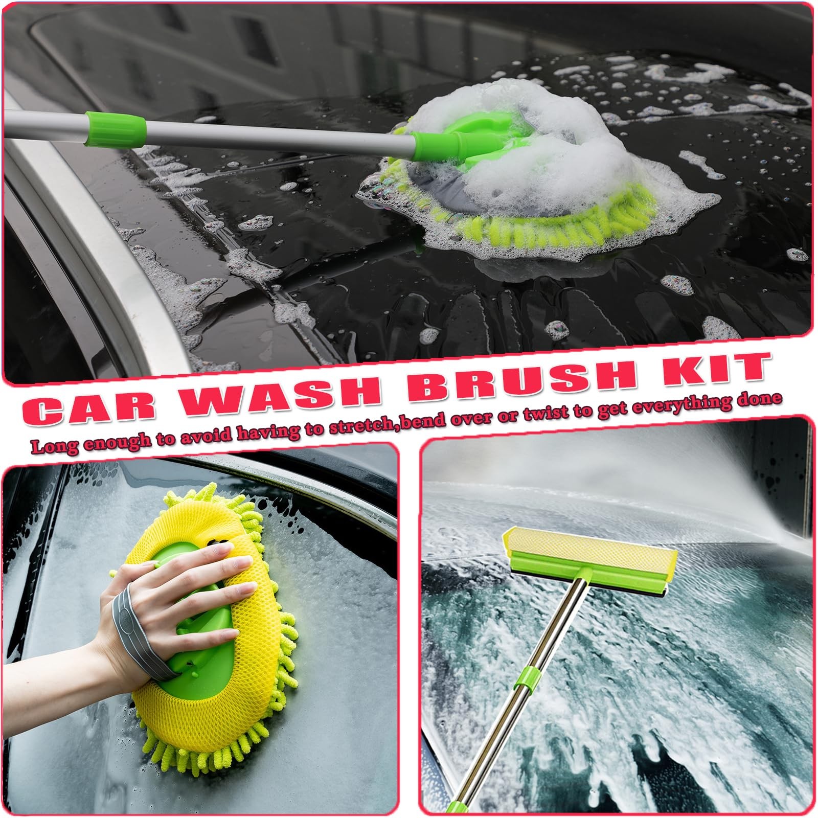 62'' Car Wash Brush Kit with Long Handle, Tire Brush, Squeegee & Microfiber