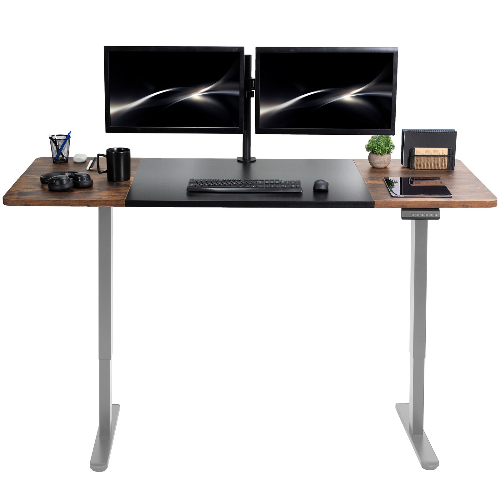 VIVO Electric Dual Motor 71” x 30” Desk, Black & Vintage Brown Top, Gray Frame