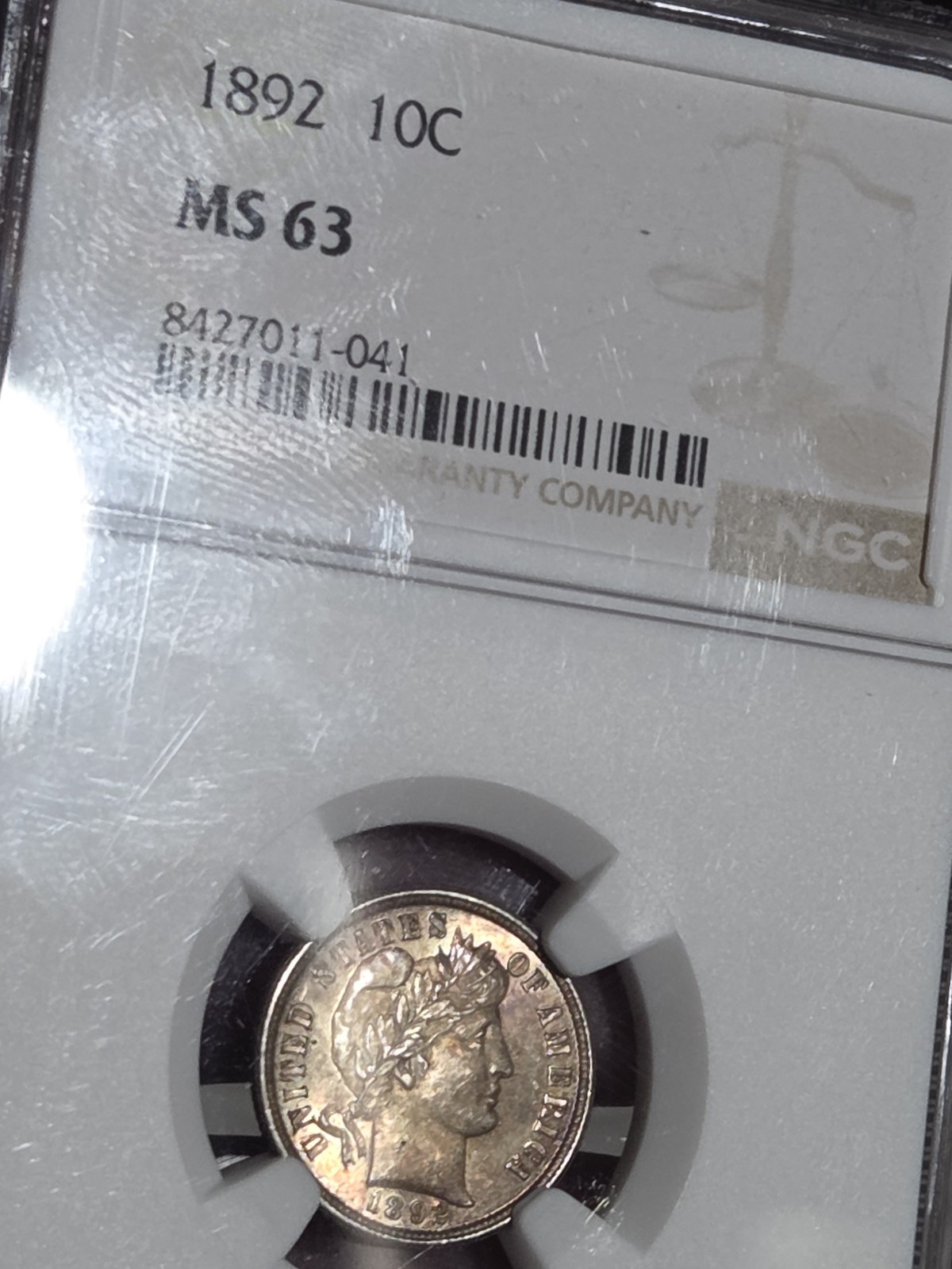1892 Barber Dime 10c NGC MS63 Toned