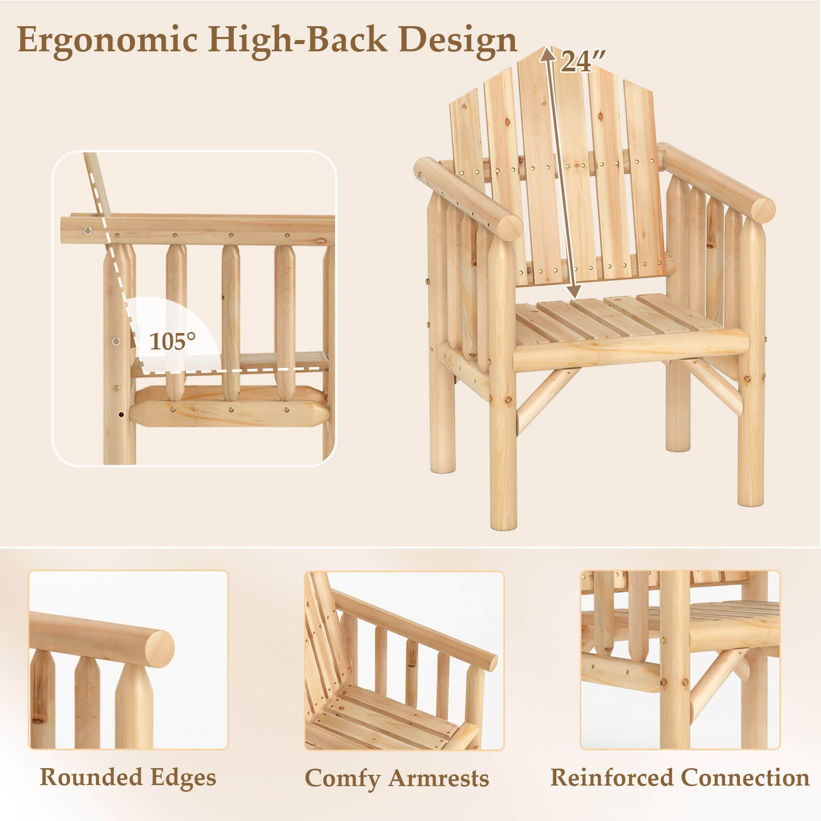 Outdoor Wood Armchair w/Armrests and Reclined High Backrest for Porch, Backyard