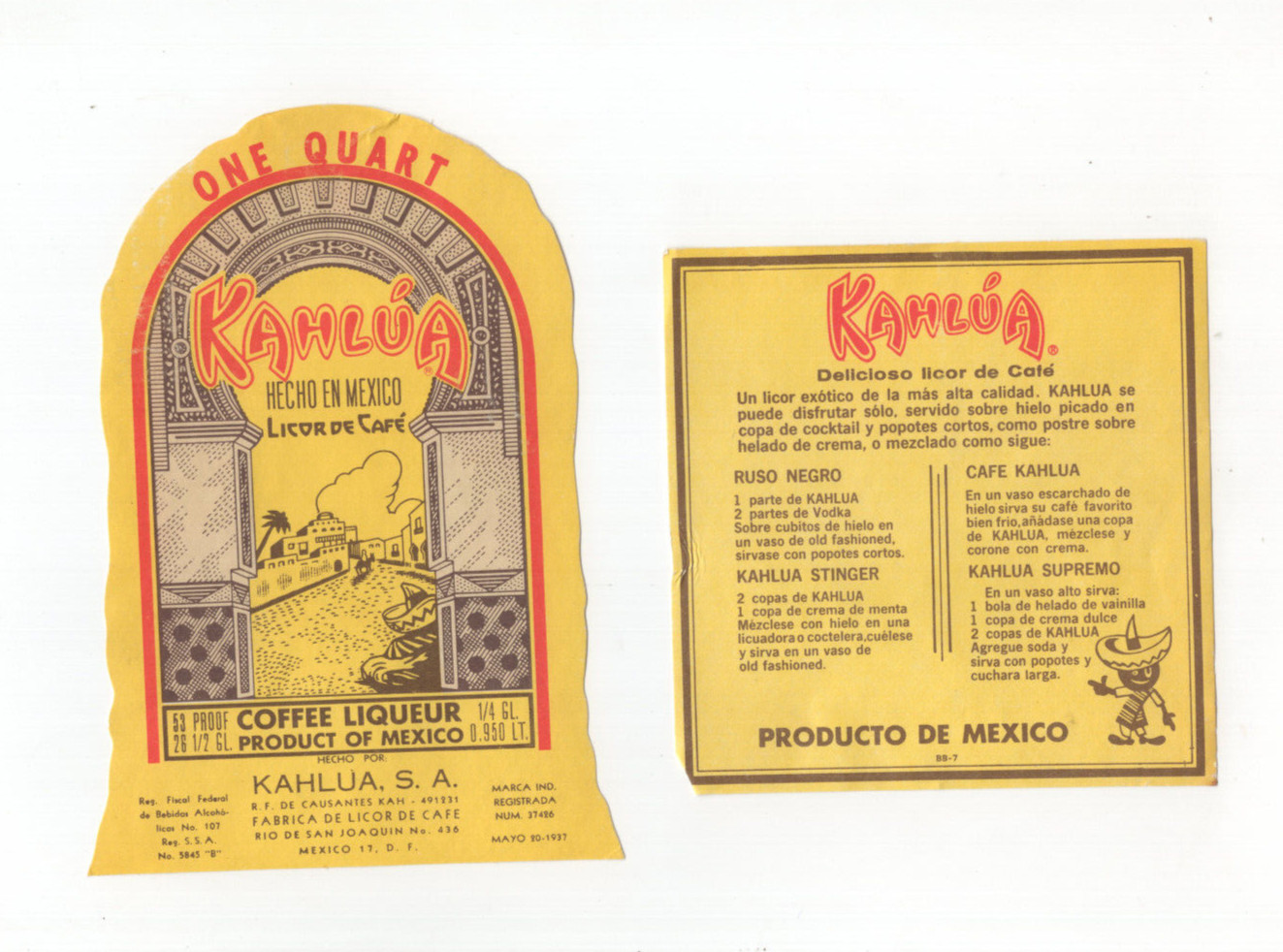 Old Vintage Kahlua Label Tiki Aztec Mexico Spanish 53 proof Liqeur Liqour