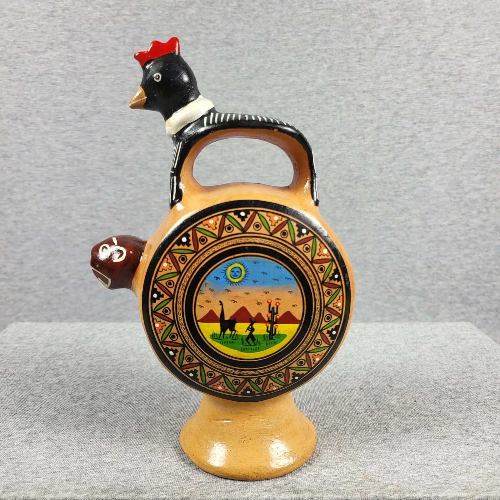 Vintage Peruvian Folk Art Clay Canteen – Hand-Painted Llama Scene & Animal Spout