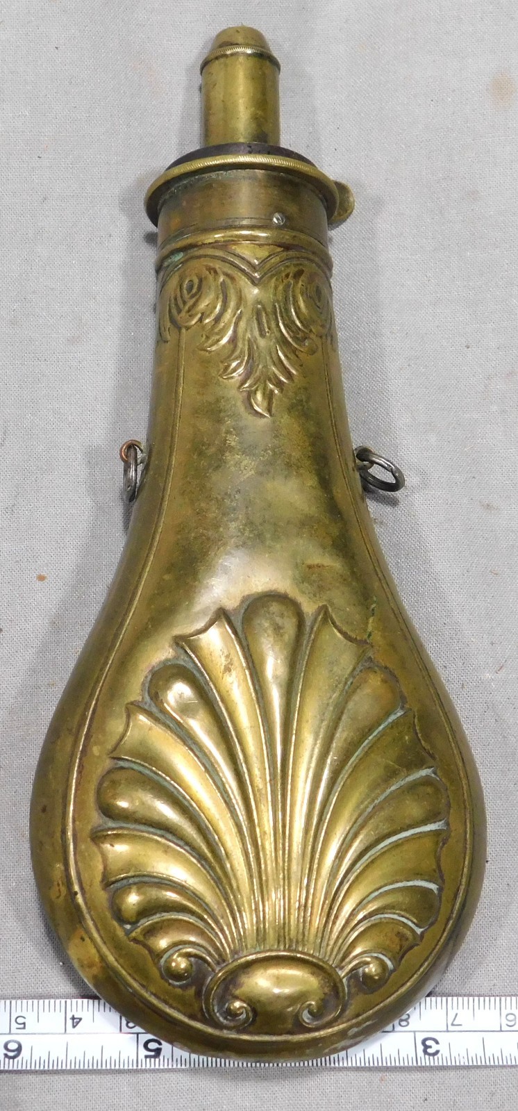 Antique Frary Benham & Co Brass Black Powder Flask Shell Pattern 1850 Adjustable