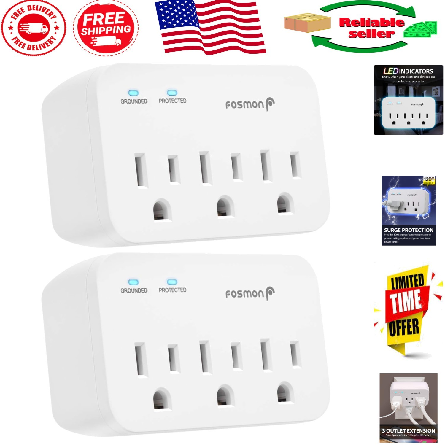 3-Outlet Heavy Duty Surge Protector - 1200J Protection for Appliances - 2 Pack