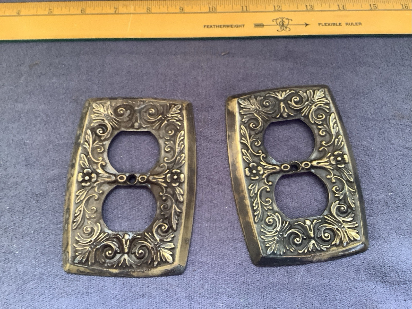 Vintage Ornate Heavy Brass Antique Double Outlet Cover SPI San Pacific Lot Of 2