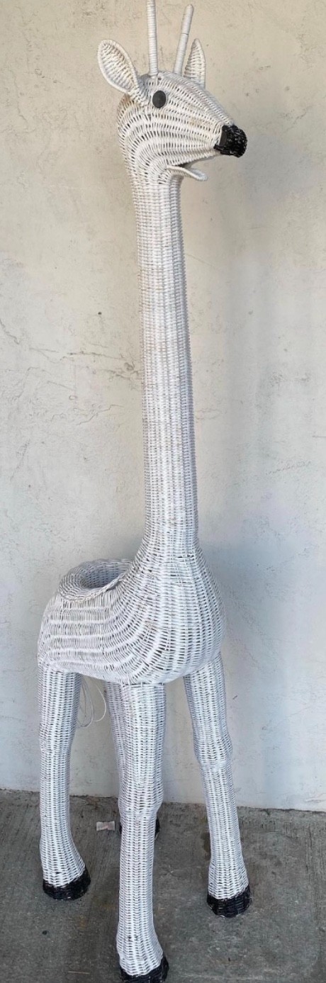 Vintage MCM Hollywood Refency White Wicker Giraffe  61" tall In/Out side Statue