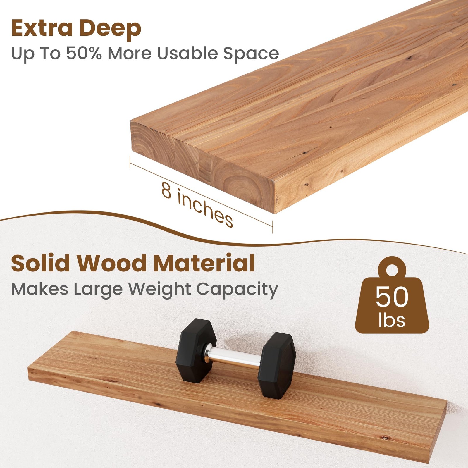 Floating Shelves for Wall Decor, 8" Deep Rustic Solid Elm Wood Floating Shelv...