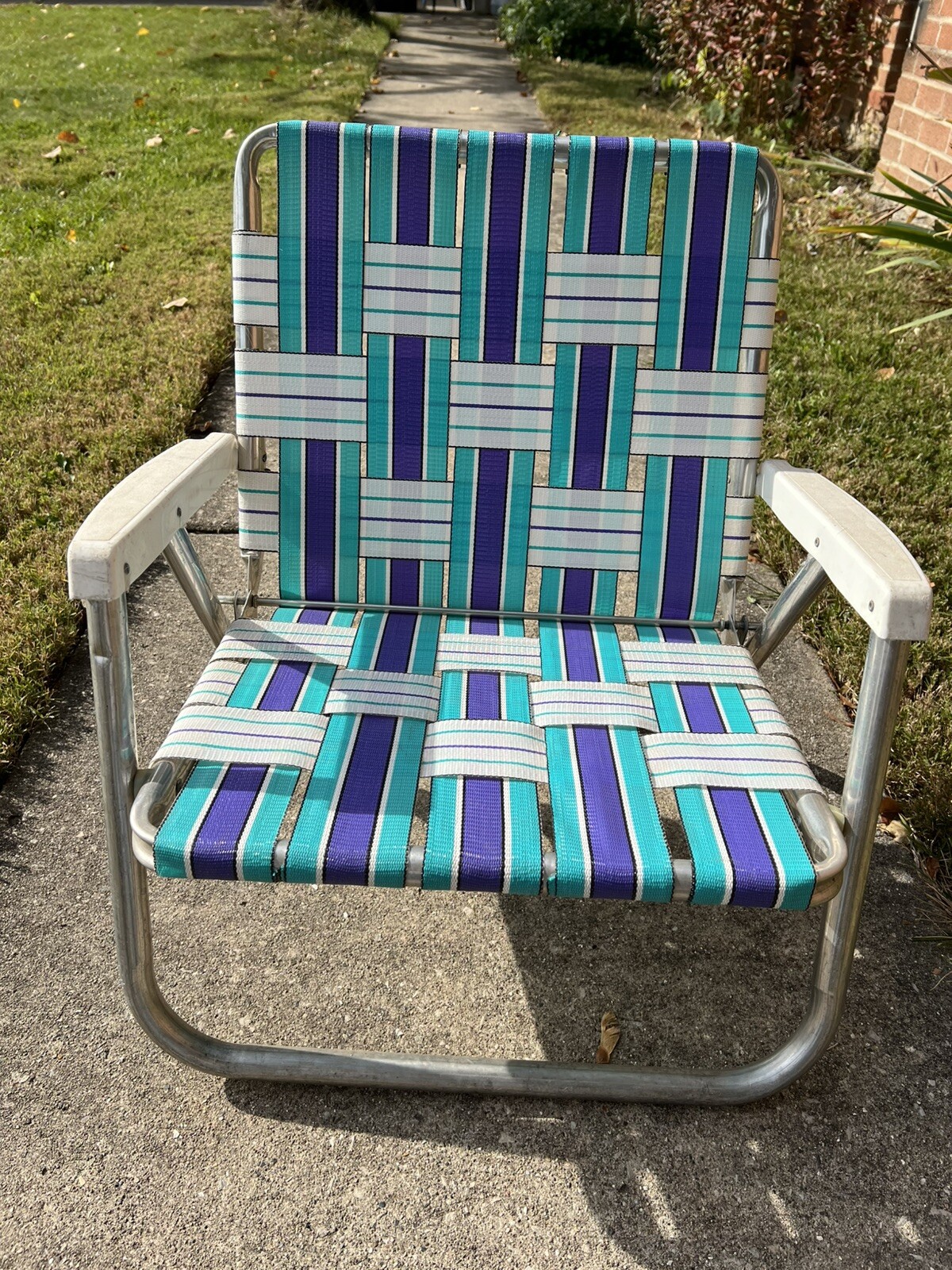 Vintage Aluminum Webbed Lawn Chair Beach Folding Chairs Purple White Aqua