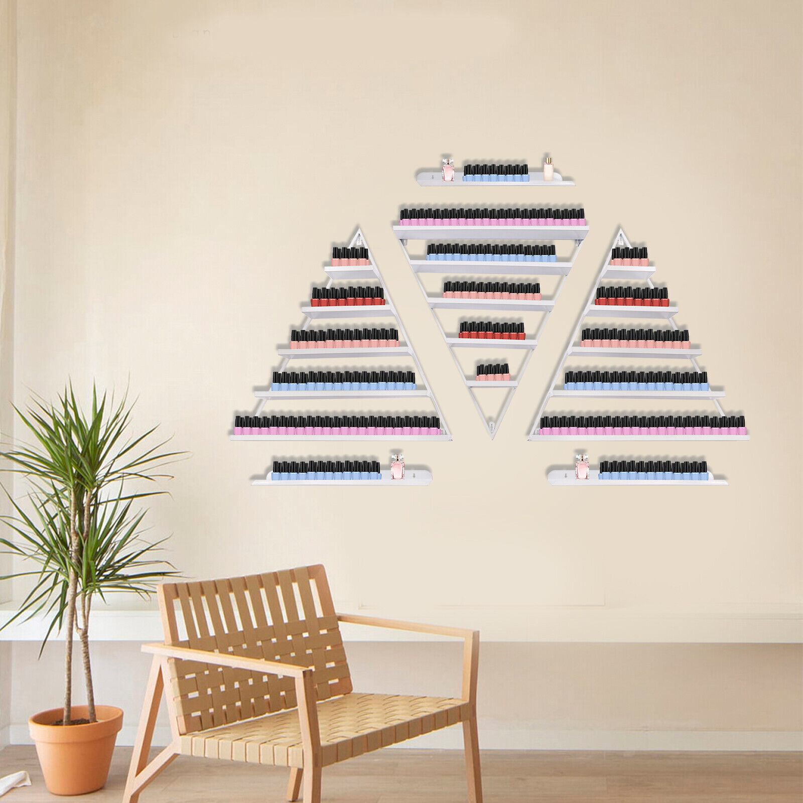 5-Tier Triangle Wall-Mounted Nail Polish Display Rack - 3 Pieces, White