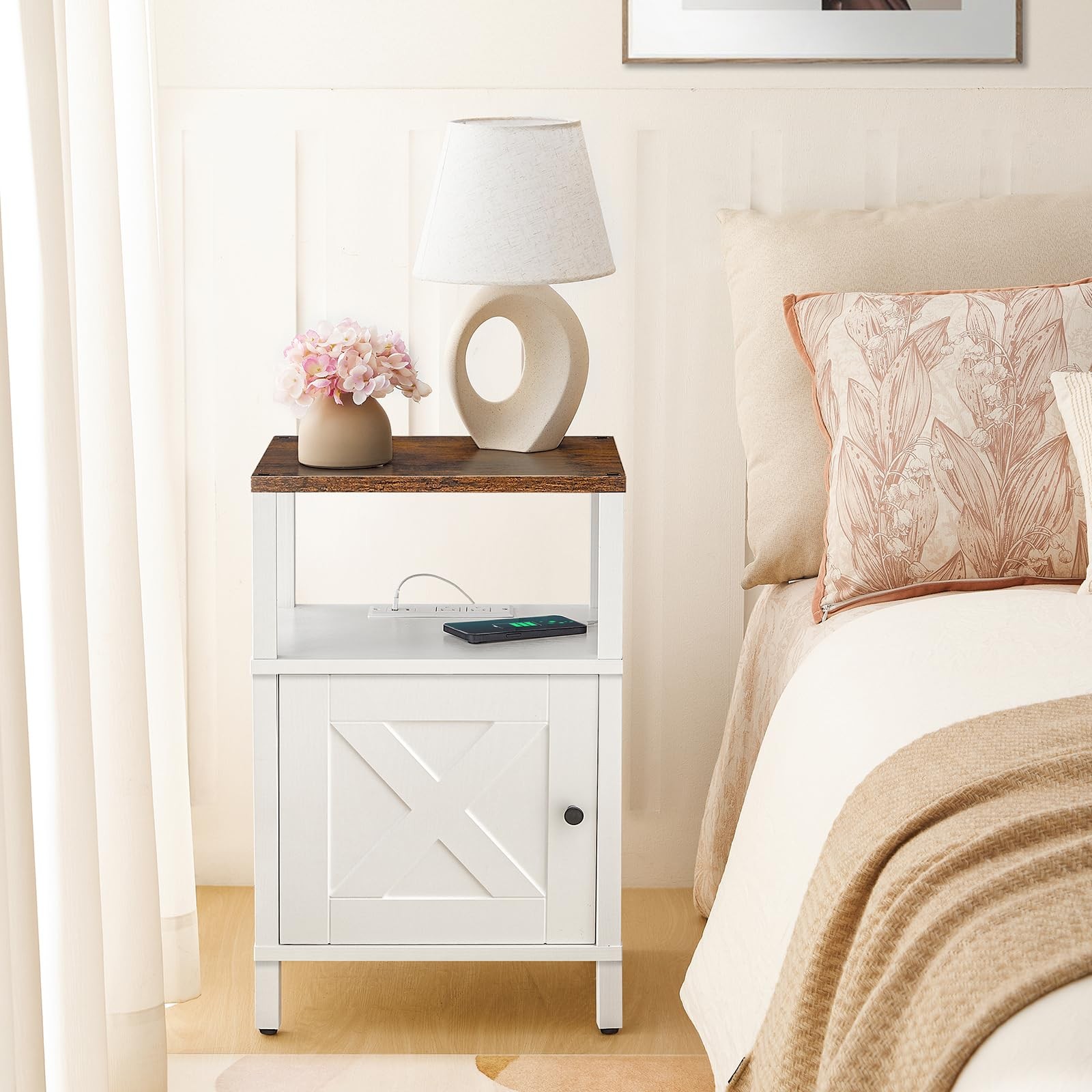 MAHANCRIS Farmhouse Nightstand 15"L x 11.8"W x 23.6"H, Rustic Brown, White