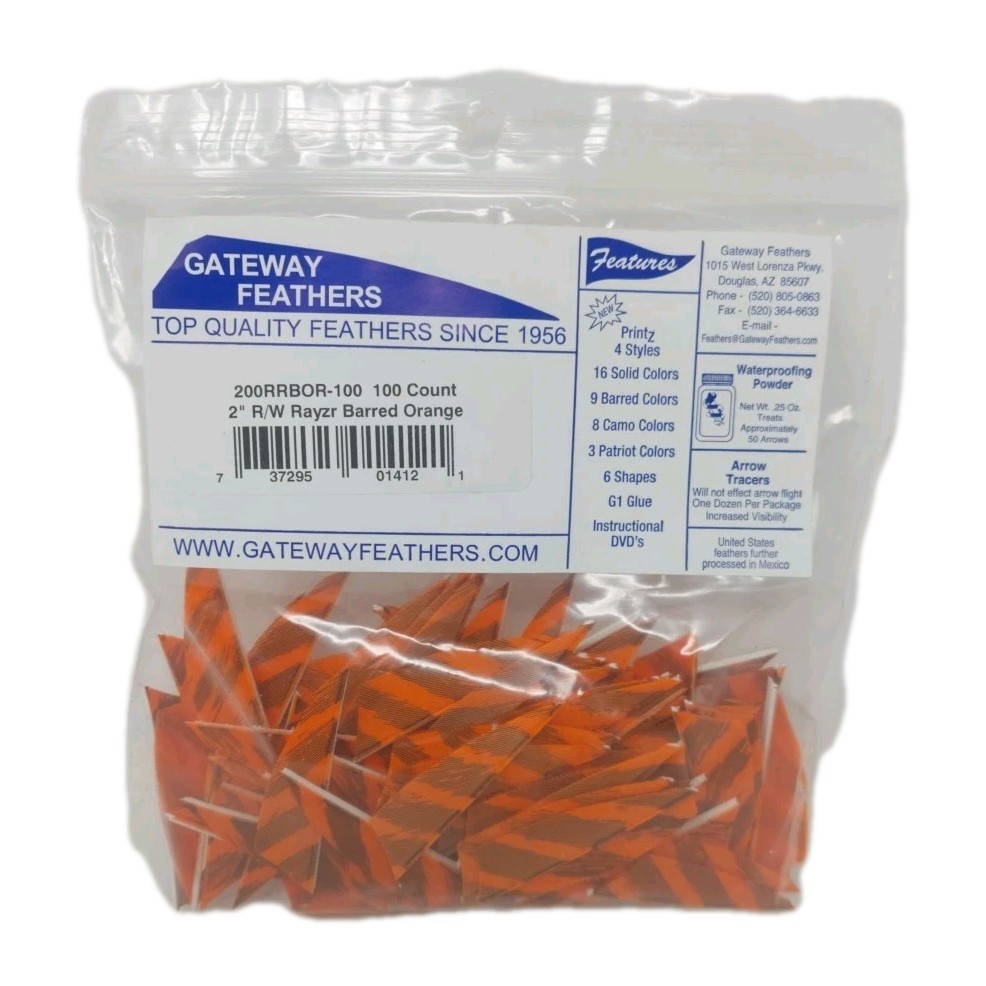 100 Pack Gateway Feathers 2" Right Wing: Rayzr Faux Barred Orange 200RRBOR-100