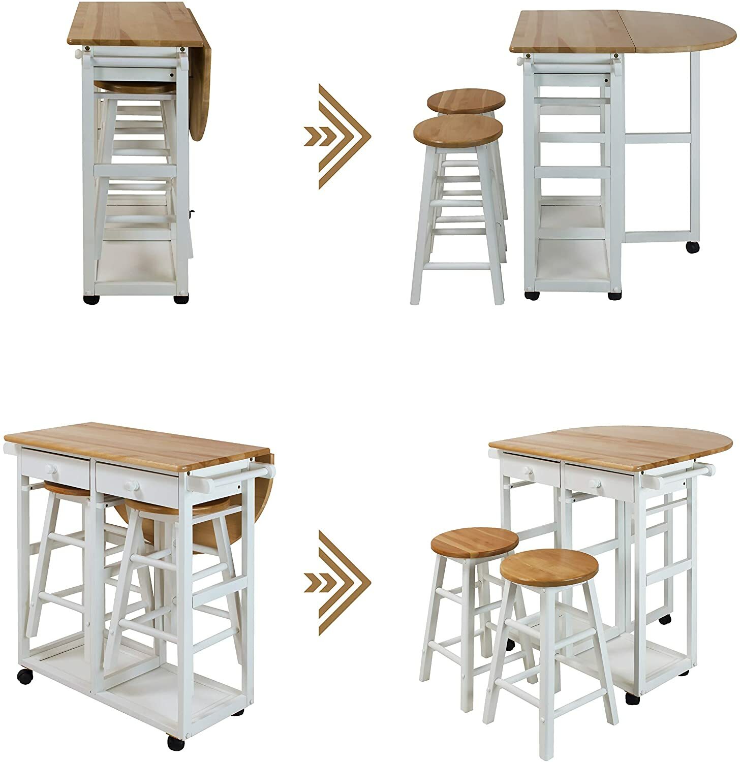 White Wooden Kitchen Breakfast Cart Set Dining Table Stools Rolling Island Pub