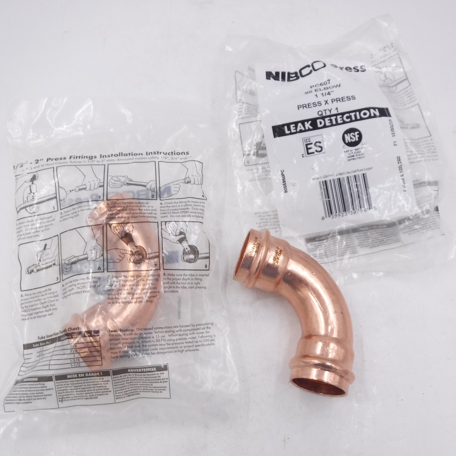 2 Pack Nibco Press 1-1/4" 90° Copper Elbow Leak Detection Fittings PC607 20623