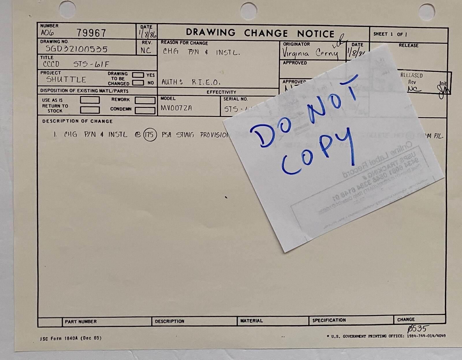 NASA - STS-51L - RARE Classified Documents Pertaining to Construction