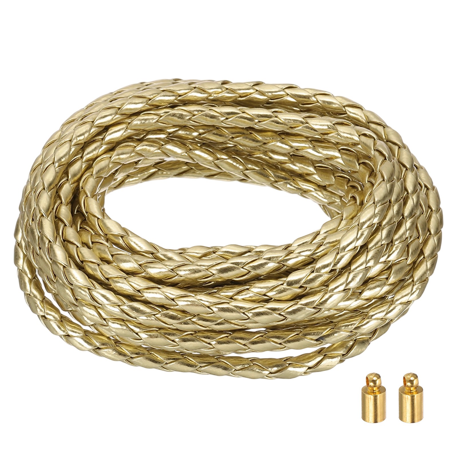 Braided Leather Cords, 3.3 Yard Strap with Cord Lock, 4mm Dia, Gold