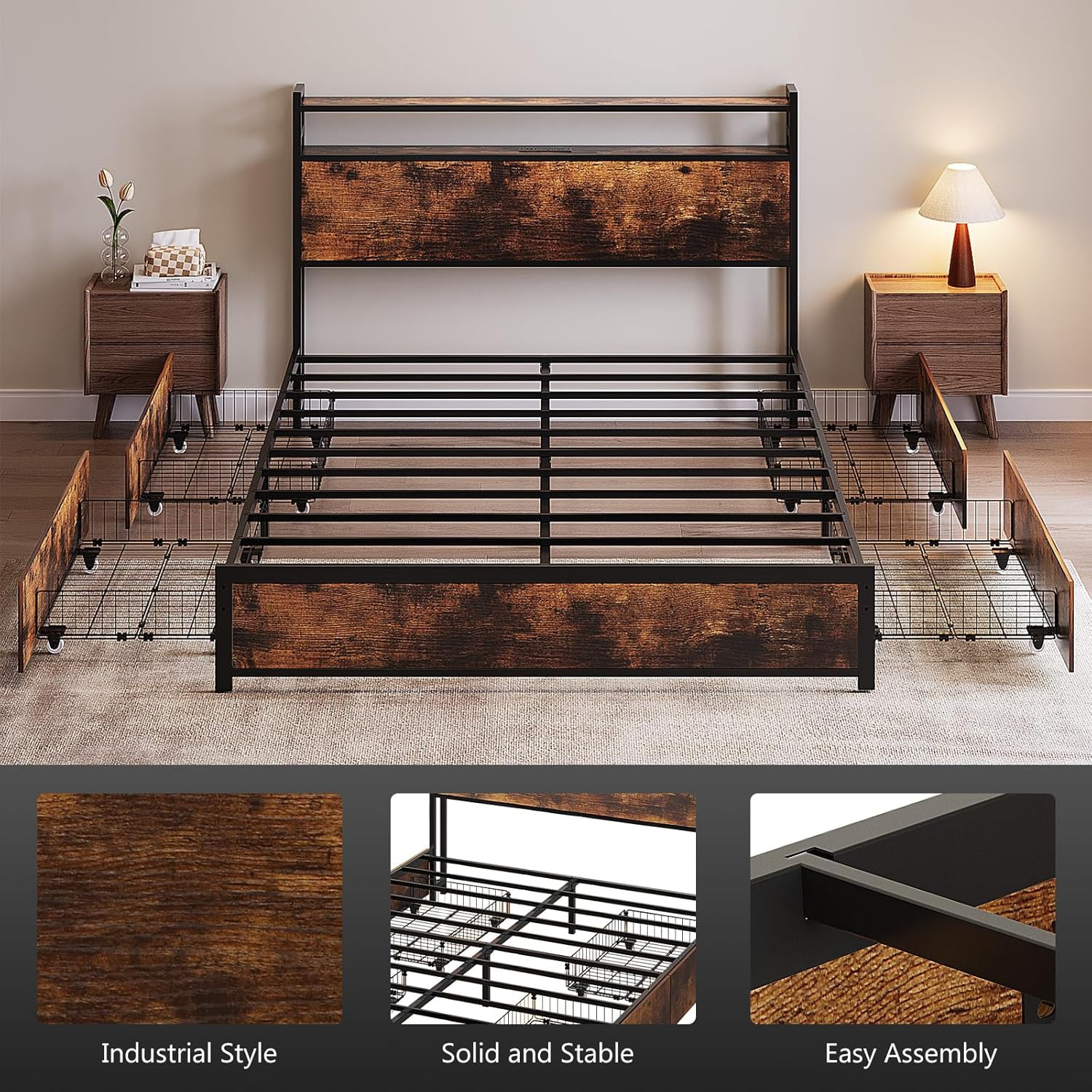 Queen Bed Frame with 4 Storage Drawers and Headboard, Metal Platform Panel Bed w