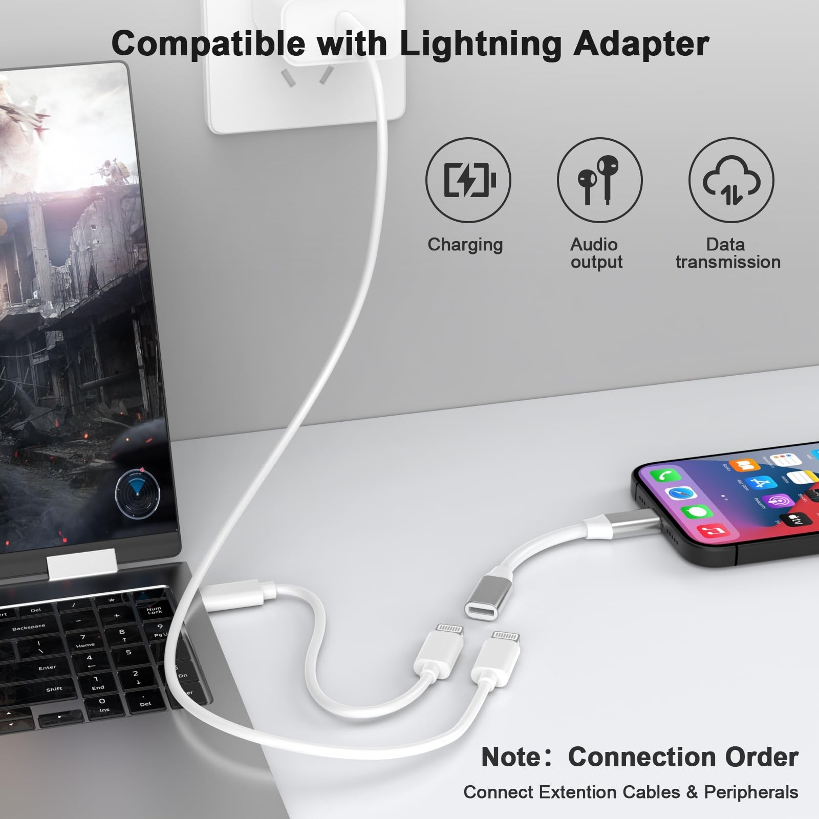 9cm Lightning Male to Lightning Female Charger Adapter,iPhone Extension Charg...